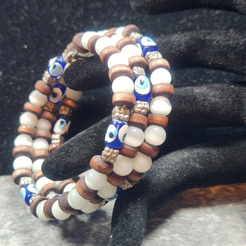 Evil Eye Wood Bead Wrap Bracelet Triple Strand Boho Protection Charm Blue White